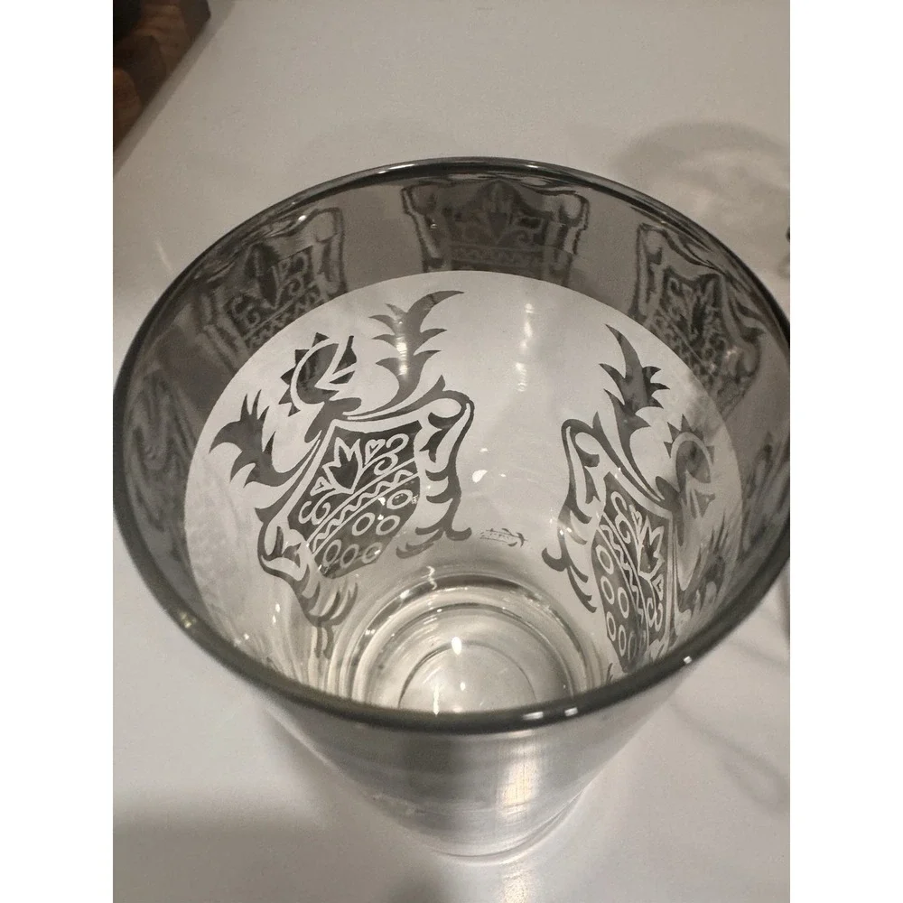 Kimiko Highball MCM Crest Glasses Silver Rim VTG Barware Caddy Coaster Set 4